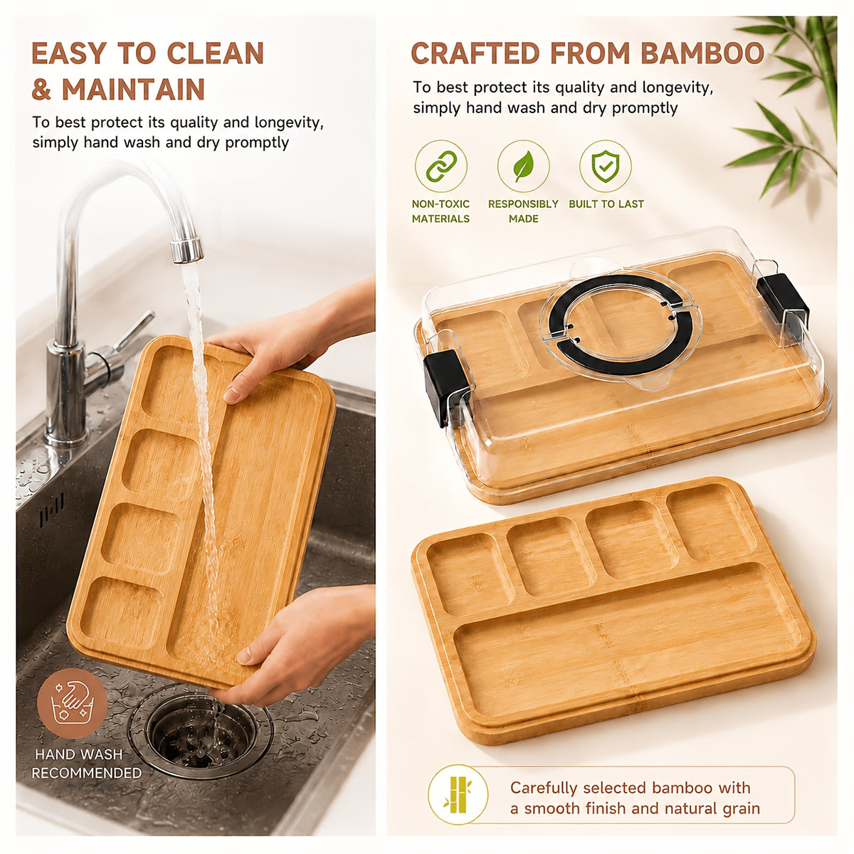 Bamboo Charcuterie Board with Clear Lid & 5 Compartments – Serving Platter Tray with Handle, Side Locks & Reusable Snack Board for Cheese, Fruit, Crackers, Appetizers, Party & Holiday Gatherings