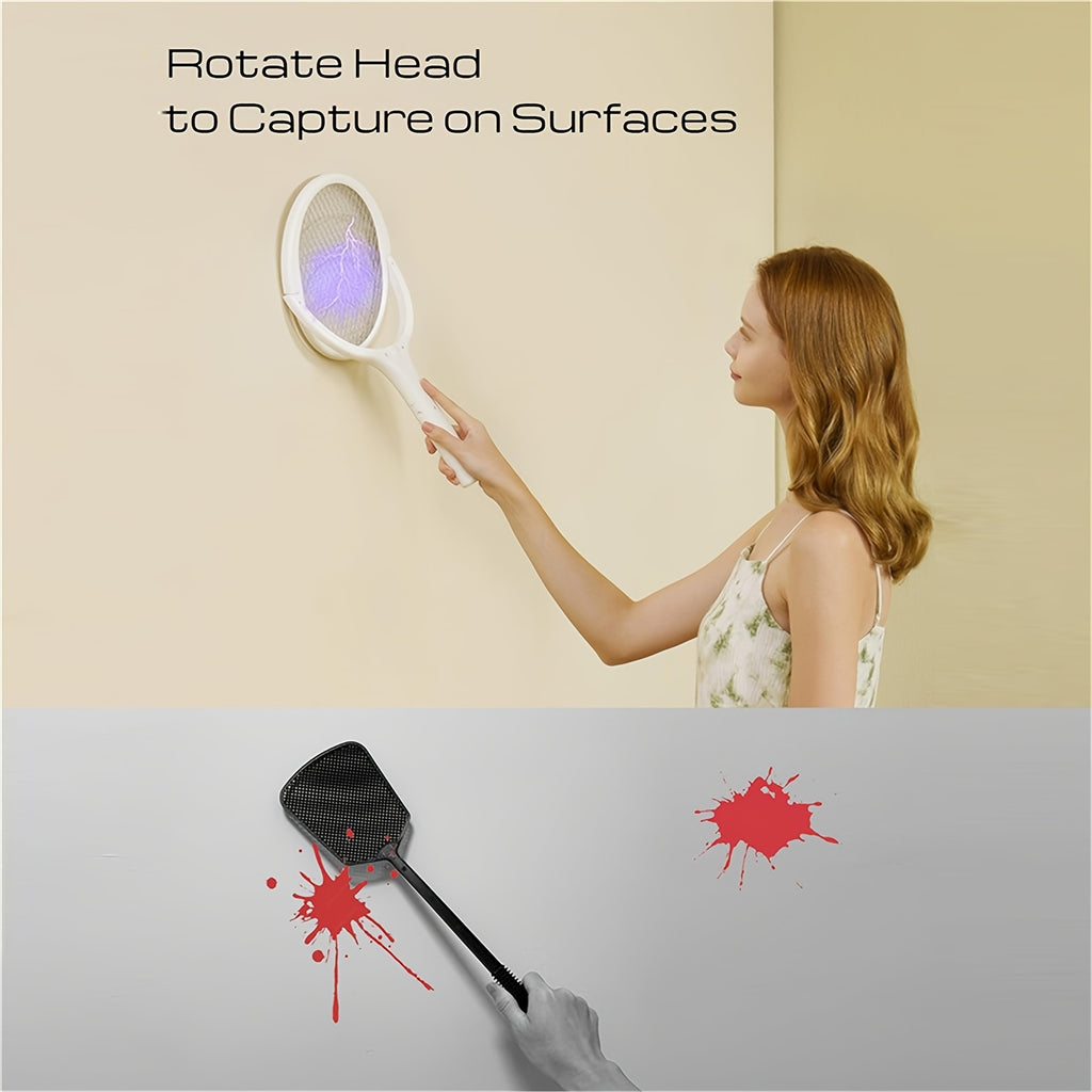 6-in-1 Electric Mosquito Swatter Bug Zapper Racket USB Rechargeable Telescopic Pole 90° Rotating Grid Wall Mount 3-Layer Safety Net UV Light for Indoor Outdoor Camping Patio