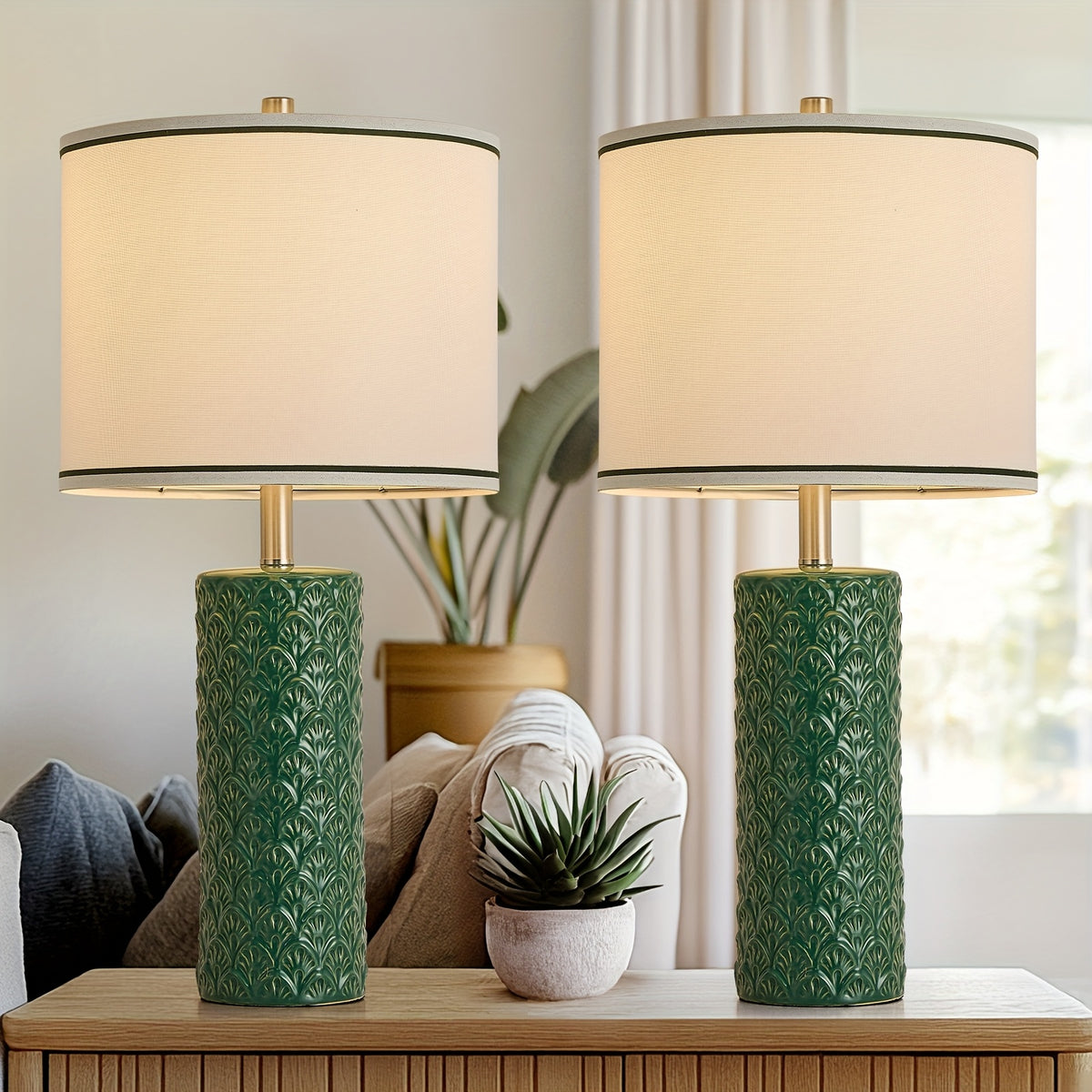 27" Modern Ceramic Table Lamp Set of 2 – Farmhouse Bedside Lamps with 3 Color Temperatures for Bedroom, Living Room & Office (LED Bulb Included)