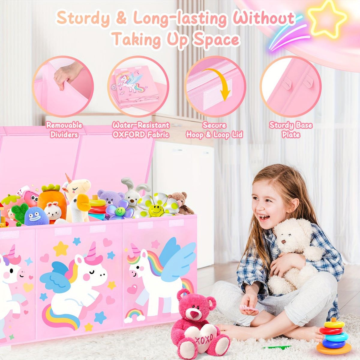 Kids Toy Storage Box Collapsible with Lid – Extra Large Foldable Toy Chest Bin for Playroom, Bedroom & Nursery, Fun Unicorn & Dinosaur Designs, Durable Cardboard, Great Gift for Boys & Girls Ages 3+