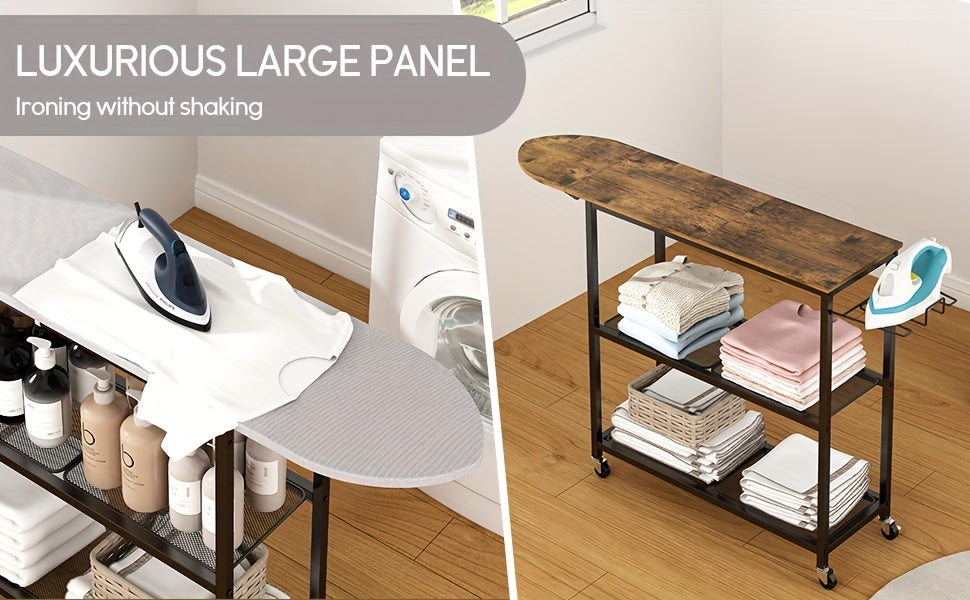 3-Tier Rolling Ironing Board Cart with Storage Shelves & Wheels – Mobile Laundry Station with Foldable Ironing Board, Iron Holder & Lockable Casters for Home Laundry Room, Bedroom & Living Room