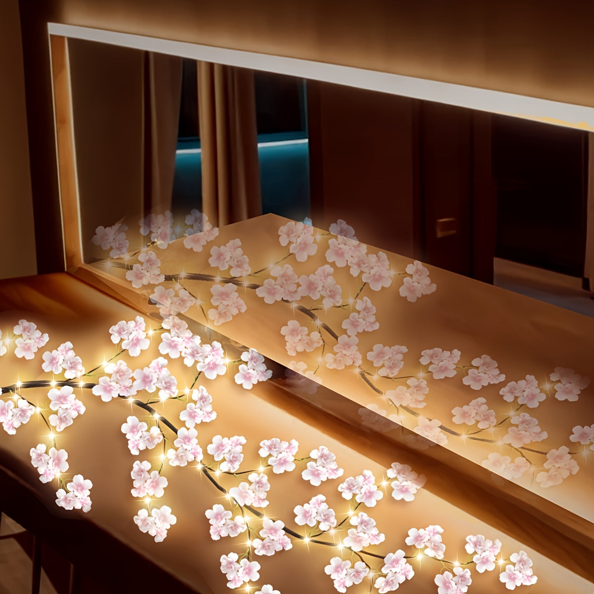Cherry Blossom LED Chandelier Rattan Light, 96/144 LED USB Powered with 8 Modes – Hanging Flower String Light for Indoor Outdoor Holiday Party, Halloween, Christmas, Valentine’s Day & Seasonal Decor