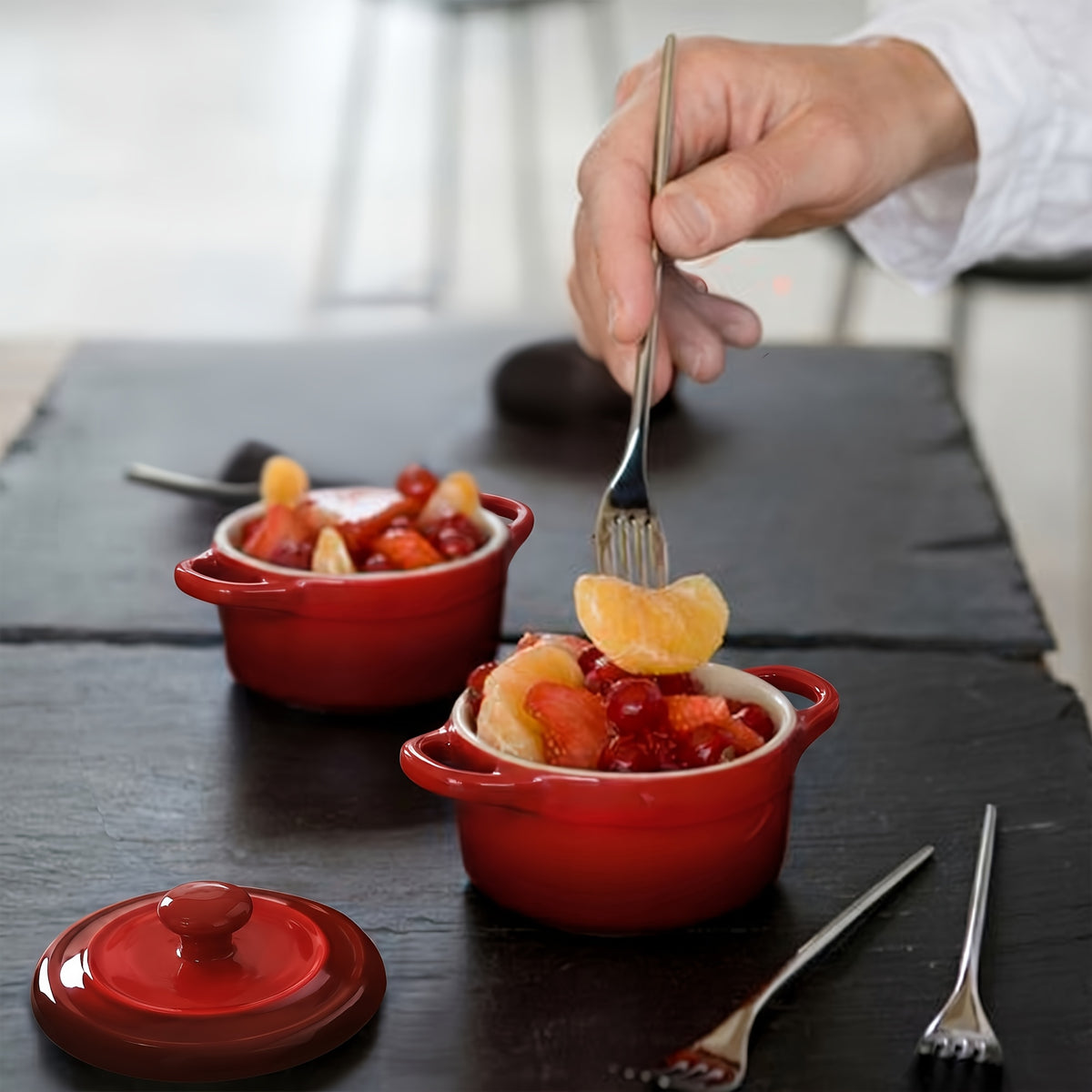 Mini Cocotte Set of 4 - 12oz Ceramic Casserole Dishes with Handles & Lids - Small Baking Ramekins Oven Microwave Dishwasher Safe, French Style Individual Serving Dishes, Red Blue White