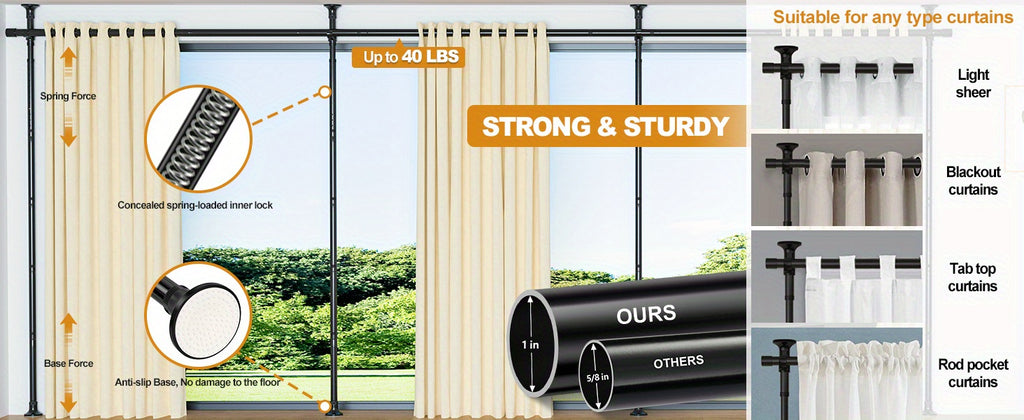 Adjustable Tension Room Divider Curtain Rod – No Drilling, 28–171" Wide, 4–10 ft Floor-to-Ceiling, Heavy Duty, Black & White (Curtains Not Included)
