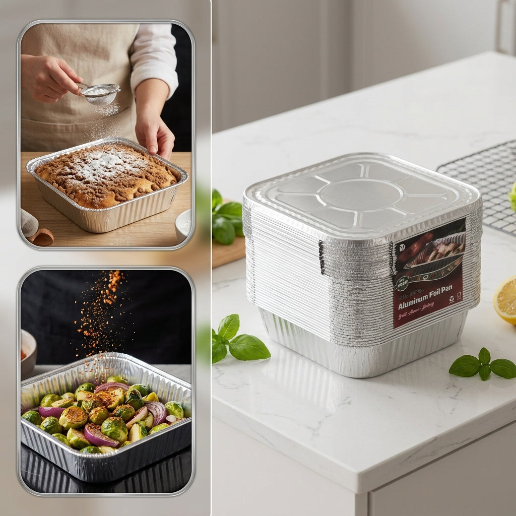 8x8 Aluminum Cake Pans 30 Pack with Lids – Disposable 8 Inch Square Foil Baking Pans for Cakes, Brownies, Freezing & Meal Prep