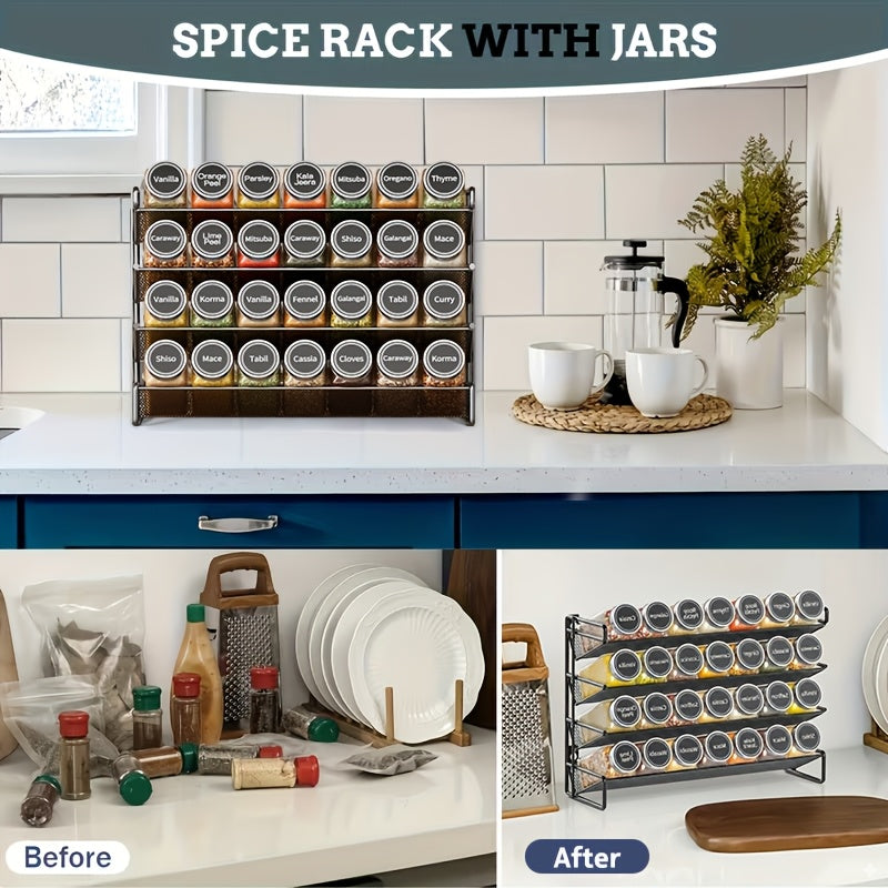 Spice Rack Organizer with 28 Jars, 386 Pre-Printed Labels, Chalk Marker & Funnel – Wall Mount or Countertop Cabinet Spice Storage for Kitchen Pantry – 13.4" W × 10.8" H, Black