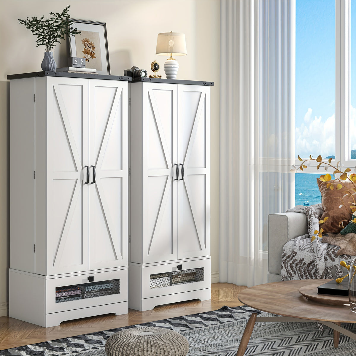 55 Inch Pantry Cabinet Kitchen Storage Cabinet with Adjustable Shelves and Drawer Wooden Buffet Cupboard for Kitchen Living Room Bathroom Dining Room Black White Brown