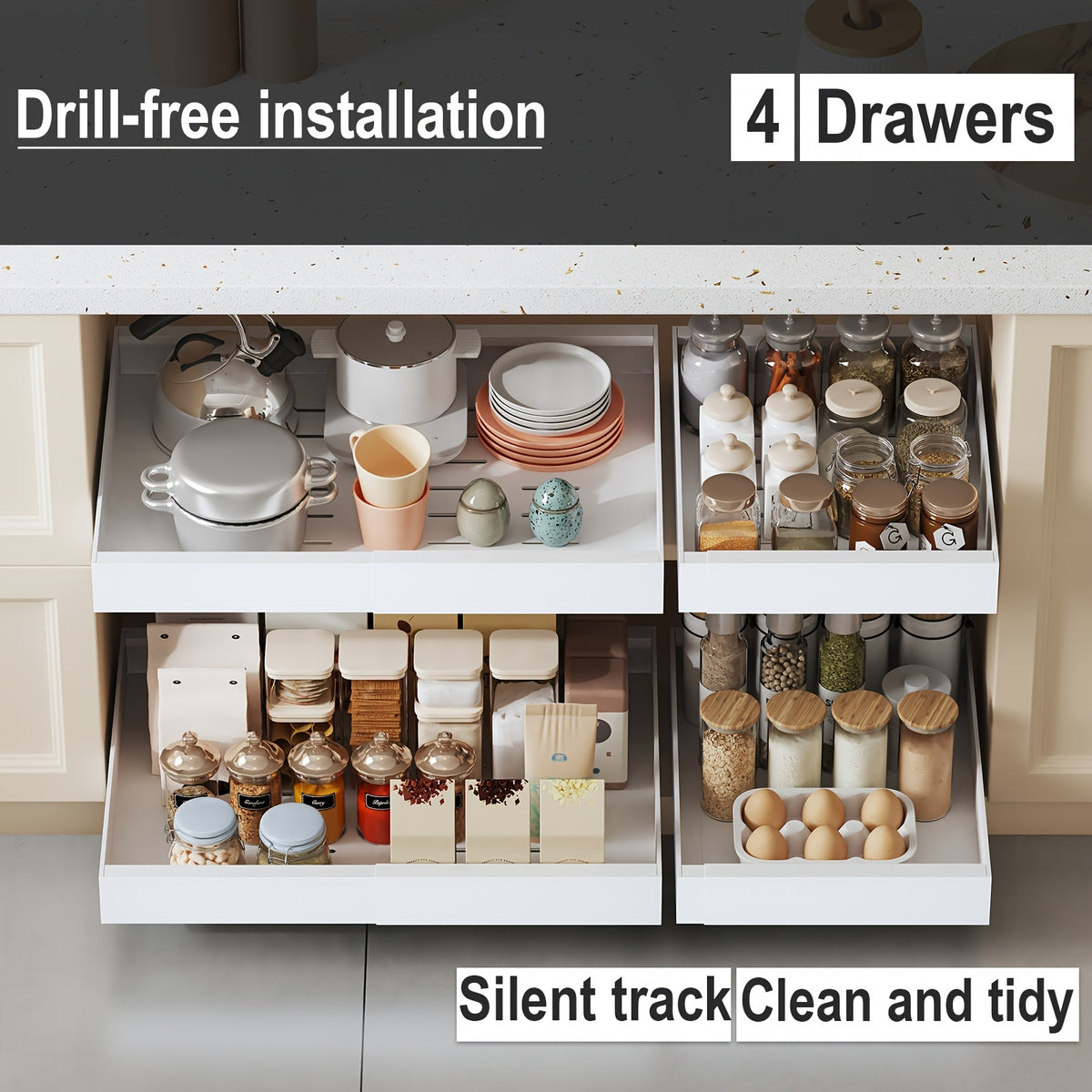 Slide-Out Cabinet Organizer Drawer – Heavy Duty 2 or 4 Drawer, 17" Deep Expandable 12.6"-20.6" Wide, Ultra-Quiet Rails, Anti-Rust Carbon Steel, Adhesive or Drill Mount for Kitchen, Bathroom & Garage