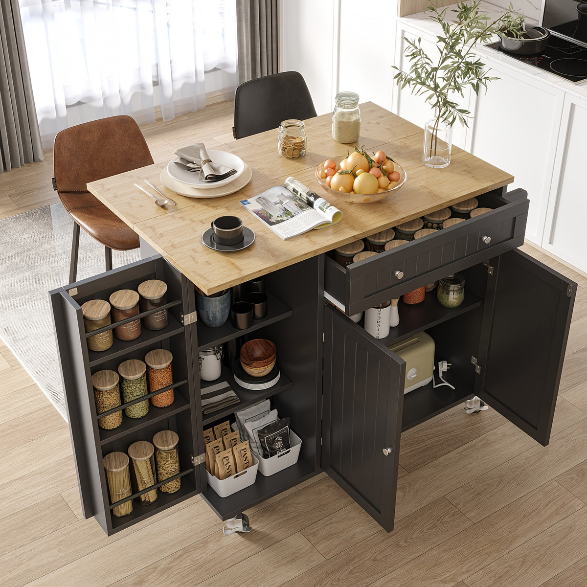 Kitchen Island Cart with Drop Leaf & Rolling Wheels – Storage Cabinet, Spice Rack, Drawer & Towel Rack for Small Kitchens Dining Room