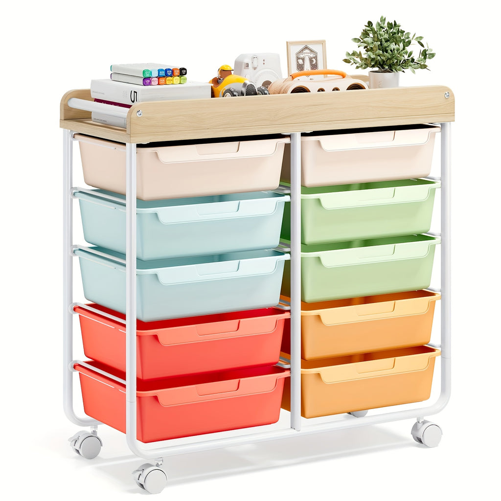 10-Tier Rolling Storage Cart with Drawers and Tabletop Portable Utility Organizer for Home Office Classroom Art Supplies Crafts Cosmetics Green White Rainbow