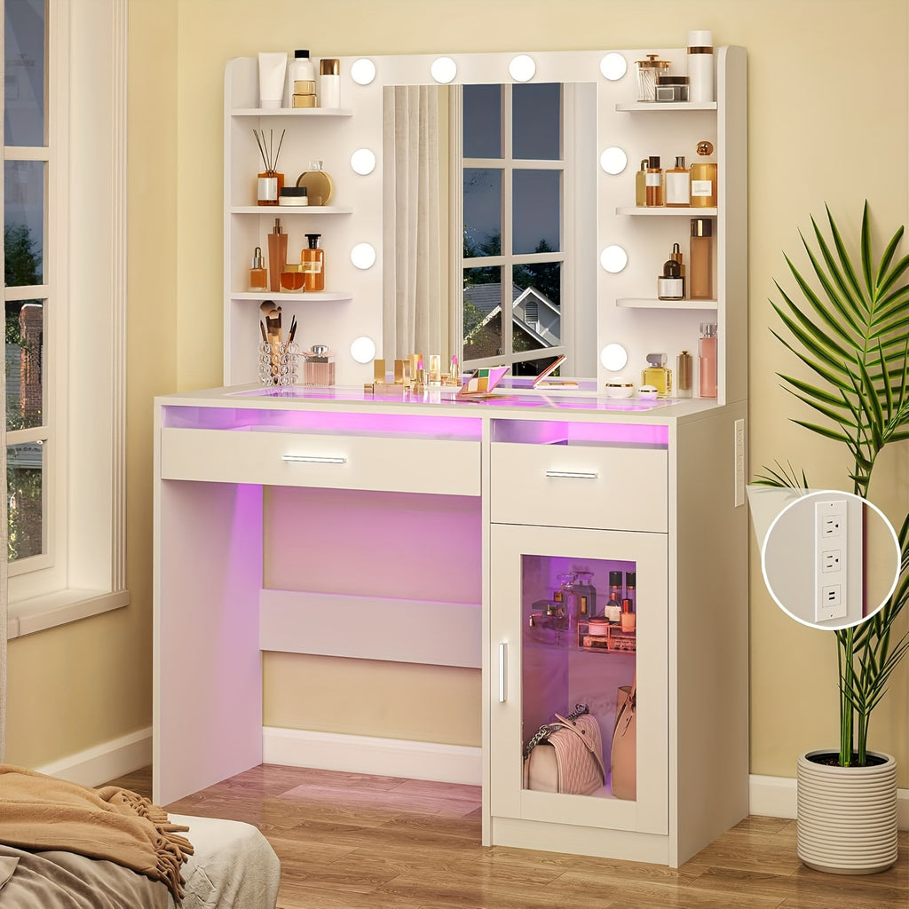 Vanity Desk with Lighted Mirror | 3-Color LED Lights, Multiple Drawers, Open Storage & Power Outlet – White Bedroom Makeup Vanity