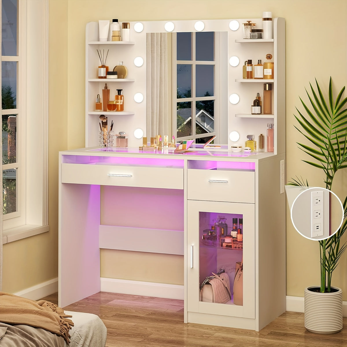 Vanity Desk with Lighted Mirror | 3-Color LED Lights, Multiple Drawers, Open Storage & Power Outlet – White Bedroom Makeup Vanity