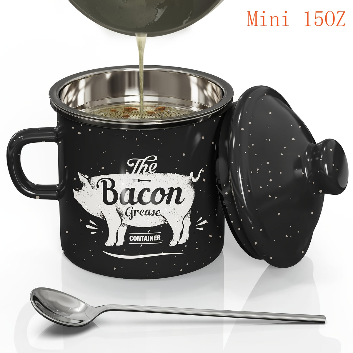 Stainless Steel Grease Container with Strainer and Spoon 15oz Cooking Oil Storage Jar Kitchen Essential Christmas Gift