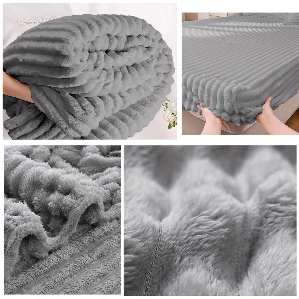 Fuzzy Fleece Fitted Sheet Plush Warm Winter Bedding Stripe Rabbit Fur Soft Thickened Bed Cover Machine Washable Twin Queen King Dark Gray Beige Space Gray