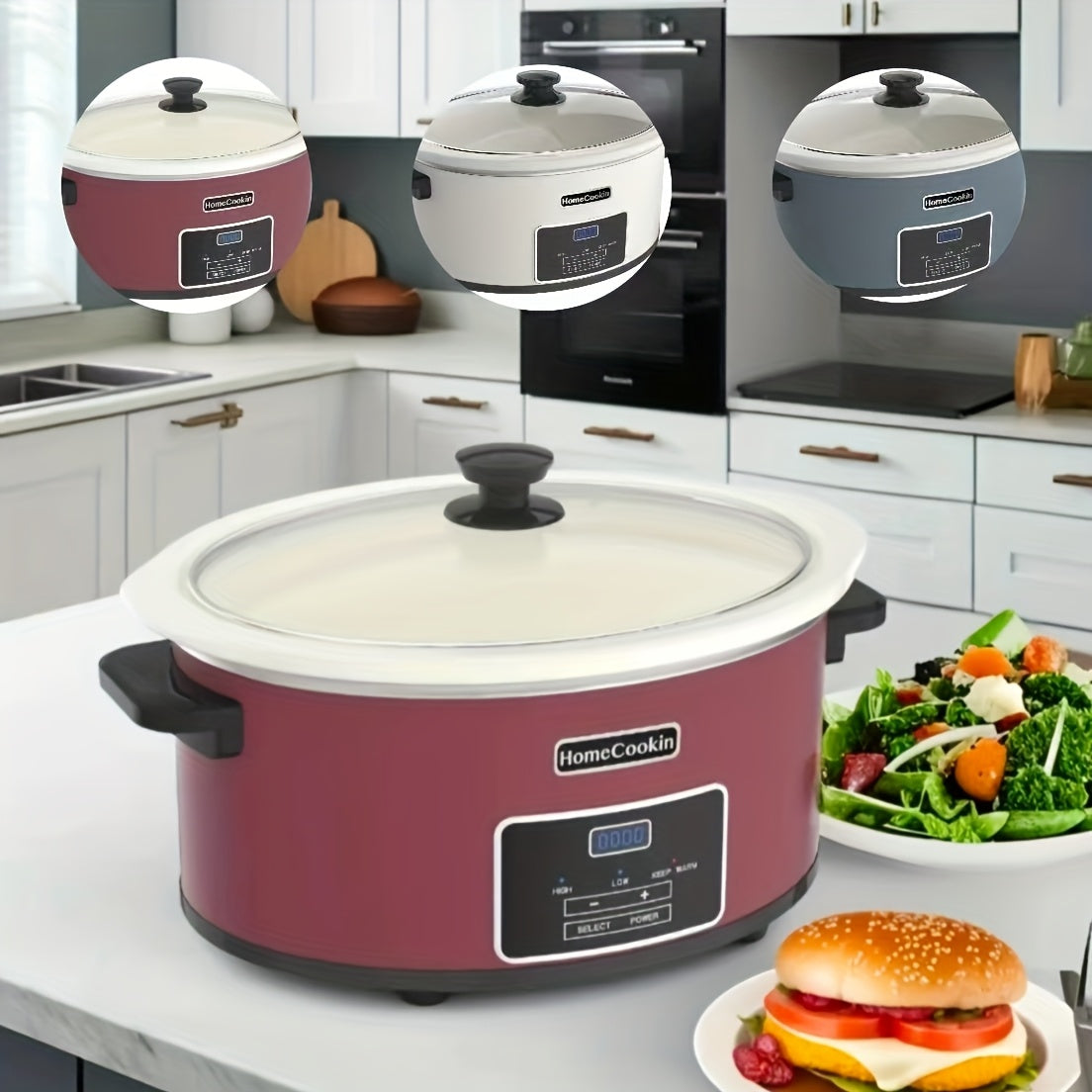 Large Digital Slow Cooker 6QT & 8QT with Stoneware Pot, Programmable Keep Warm Function, One-Touch Digital Display, 240W — Family Dinners, Roasts & Stews, Red White Black Blue