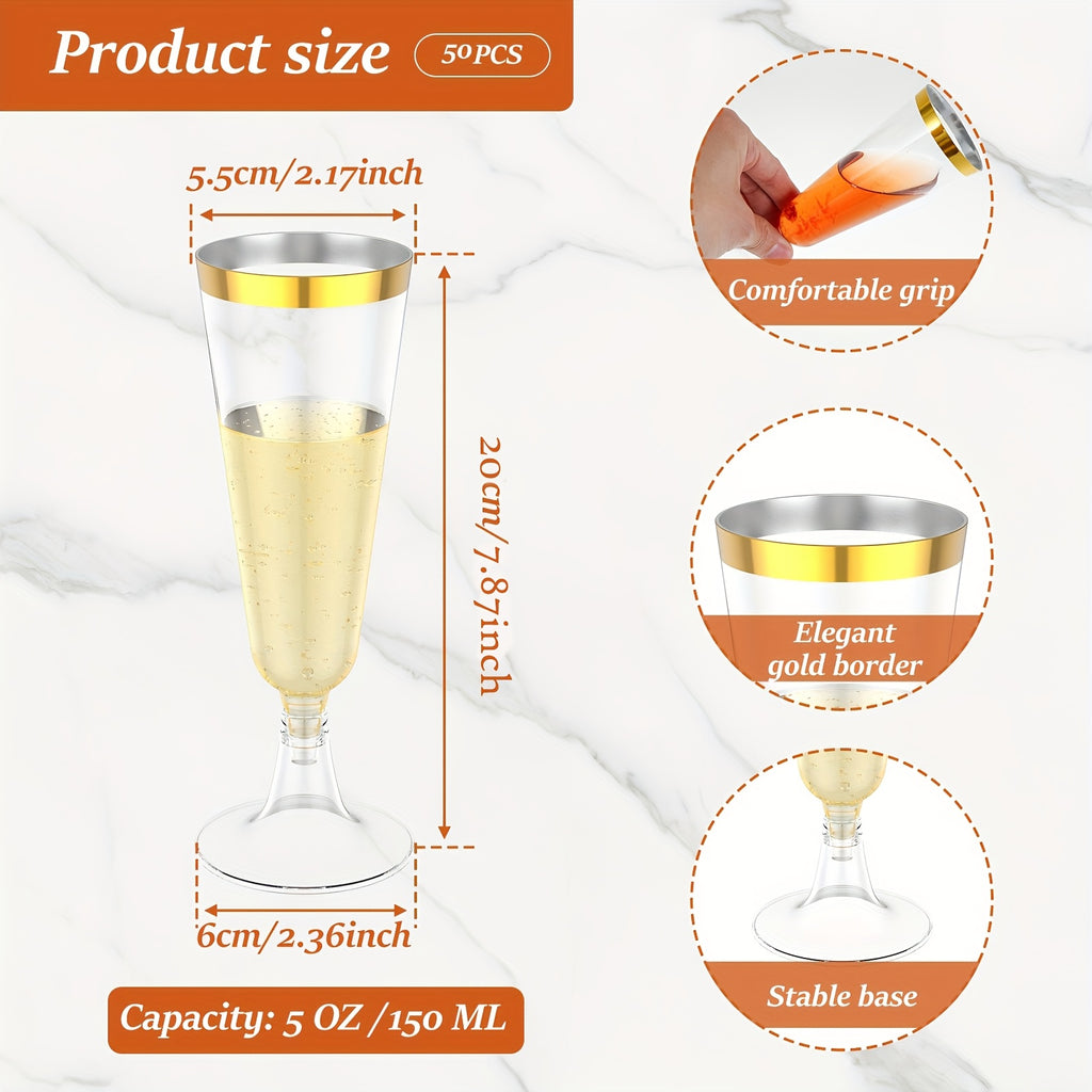 Plastic Champagne Flutes 50 Pack Gold Rim Shatterproof Reusable Wedding Party Glasses 5oz Clear PP Toasting Flute Set for Weddings Parties Buffets