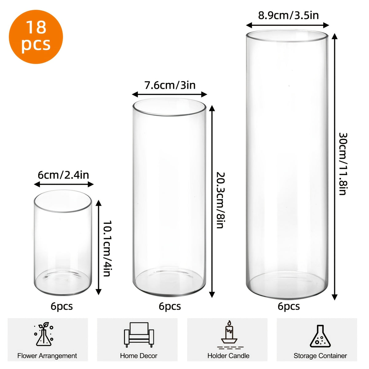 Glass Cylinder Vases Bulk Set 15/18/24/48pcs - 3 Sizes (4"/8"/12") Clear Candle Holders, Tall Flower Vases for Wedding Centerpieces, Party & Halloween Decorations, Home Decor