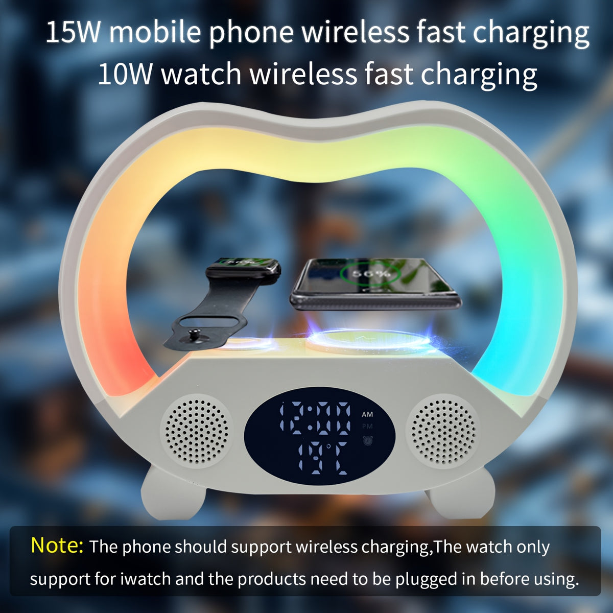 RGB Night Light 6 in 1 Wireless Speaker Alarm Clock Wireless Charging Phone Watch Temperature Display Bedroom Teen Gift Halloween Christmas Decor Black White