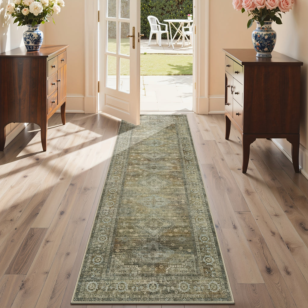 Sage Green Runner Rug Machine Washable Non-Slip - Boho Vintage Distressed Low Pile Flat Rug for Hallway Kitchen Entryway, Ultra-Thin Under-Door Fit, 11 Sizes
