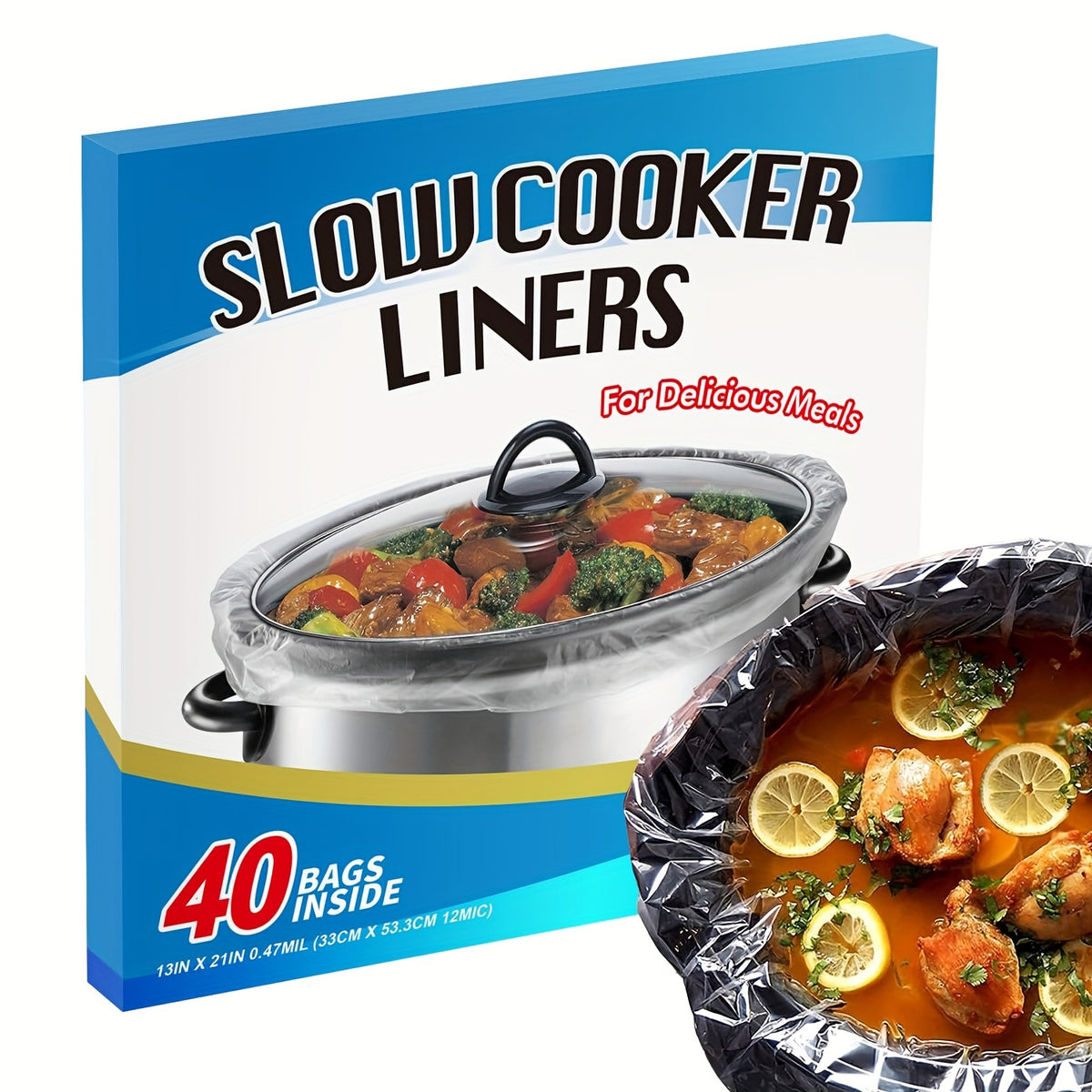 Slow Cooker Liners 40 Pack 13x21 Inch Disposable Pot Liners Fit 3-8 Quart Oval and Round Slow Cookers BPA-Free Heat Resistant to 375F Easy Cleanup