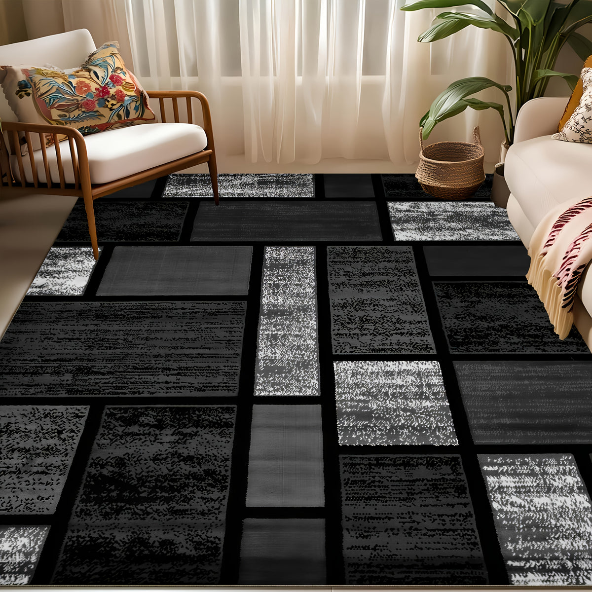 Modern Bohemian Geometric Area Rug - Grey and Black Thick Rectangular Large Carpet Soft Non-Slip Machine Washable for High-Traffic Areas and Bedrooms
