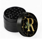 Manual Spice & Herb Grinder with Pollen Catcher - Personalized A-Z Initial Letter Metal Crusher, Portable 2 Inch Golden Marble Alphabet Design, Gift for Smokers & Herb Lovers (Black)