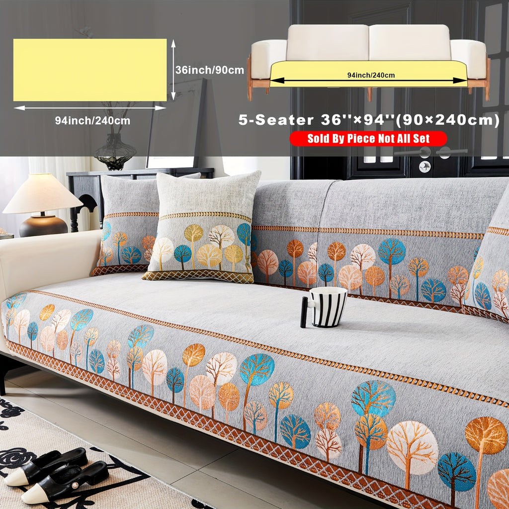 Bohemian Chenille Sofa Cover Tree Embroidery Print Thick Non-Slip Pet Friendly One-Piece Couch Protector Armchair Loveseat 3 4 Seater