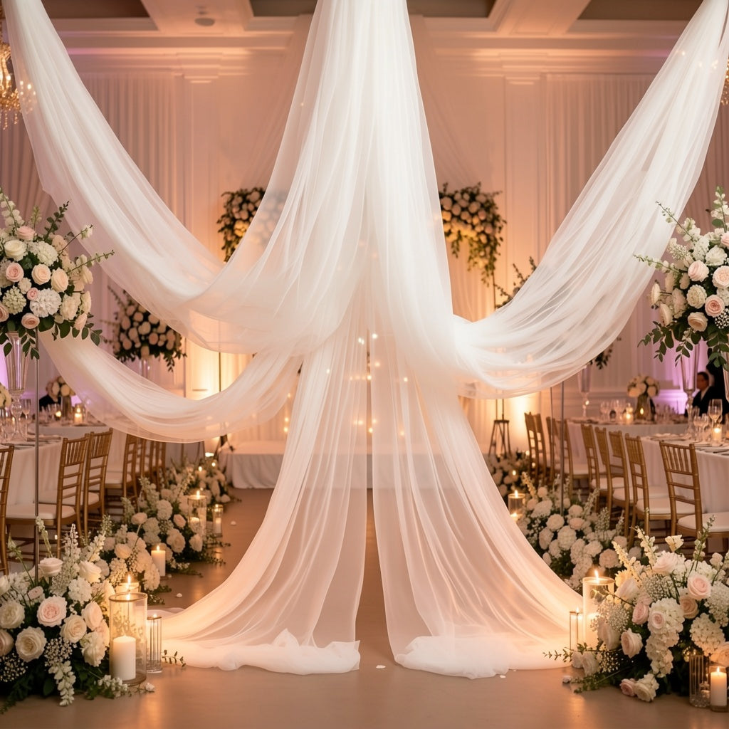 White Chiffon Draping Fabric Roll 32.8Ft - Sheer Arch Curtain for Wedding Ceremony Backdrop, Reception Decor, Bridal Shower, Birthday Party, Lightweight Nylon Drape 39" Wide