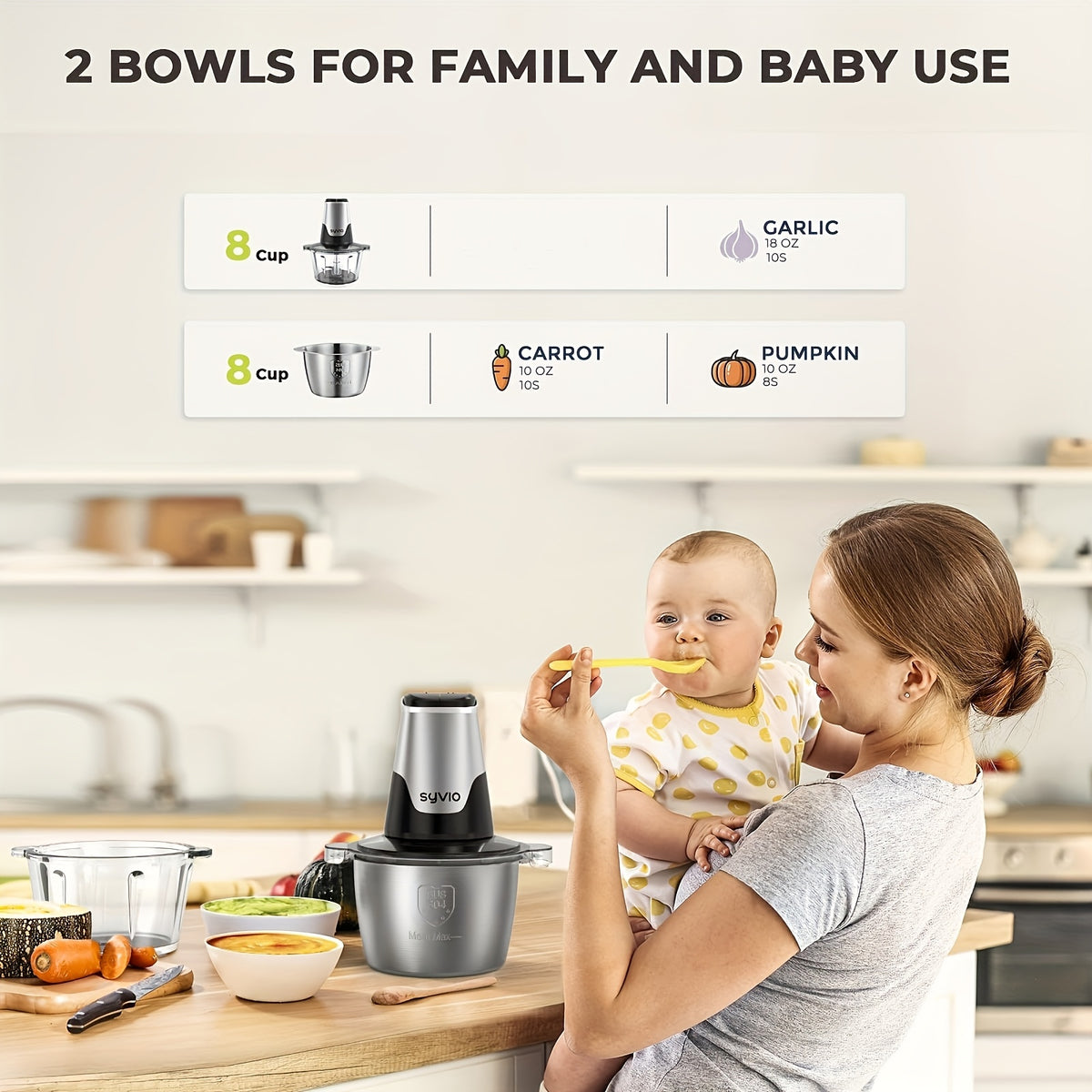 Mini Electric Food Processor & Meat Grinder 450W with 2 Bowls, 4 Bi-Level Stainless Blades & 2 Speeds, Electric Food Chopper for Baby Food, Meat, Onion & Vegetables, Great Christmas Gift