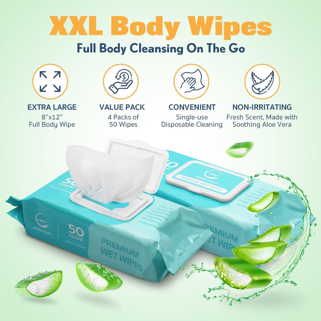 Extra Large No-Rinse Body Wipes for Adults 8x12 Inch 200 Count Disposable Washcloths Aloe Vera Vitamin E for Seniors Caregiving Travel Gym Camping Hypoallergenic
