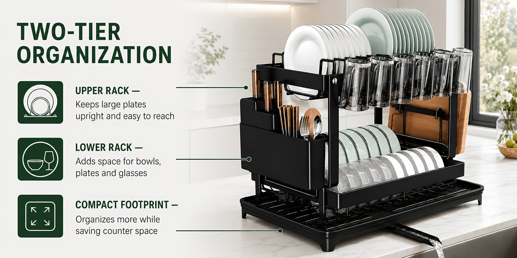 2-Tier Dish Drying Rack with Drainboard – Black Metal Two-Level Dish Drainer with Drainage for Kitchen Counter, Standing Dish Holder Organizer Shelf for Plates, Cups & Utensils