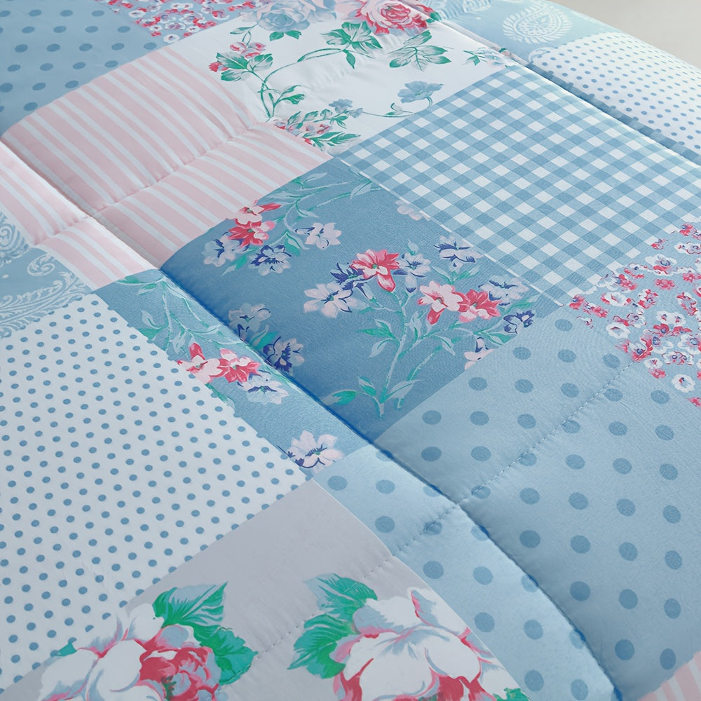 Blue Checkered Floral Comforter Set 2/3 Piece – Lightweight All-Season Quilt with Pillowcases, Soft Bedding Set Twin Queen King, Machine Washable