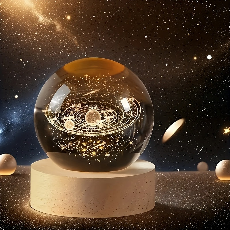 Solar System Crystal Ball LED Night Light with Wooden Base - 3D Laser Engraved Planetary Model Space Lamp for Bedroom Living Room Desk Decor, Gift for Astronomy Enthusiasts and Space Educators