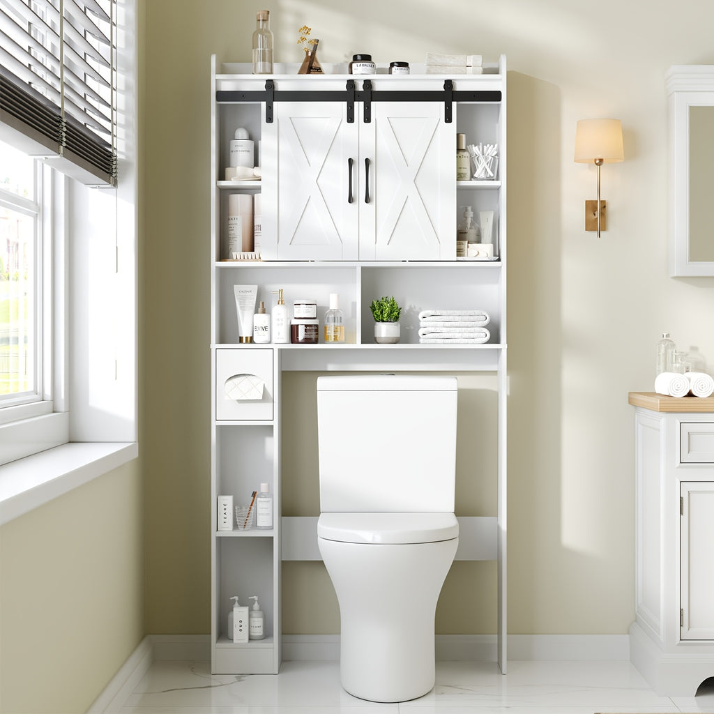 Farmhouse Over Toilet Cabinet with Sliding Doors Engineered Wood Adjustable Shelf Toilet Paper Holder Stand Space Saving Bathroom Storage No Wall Mount Multiple Colors