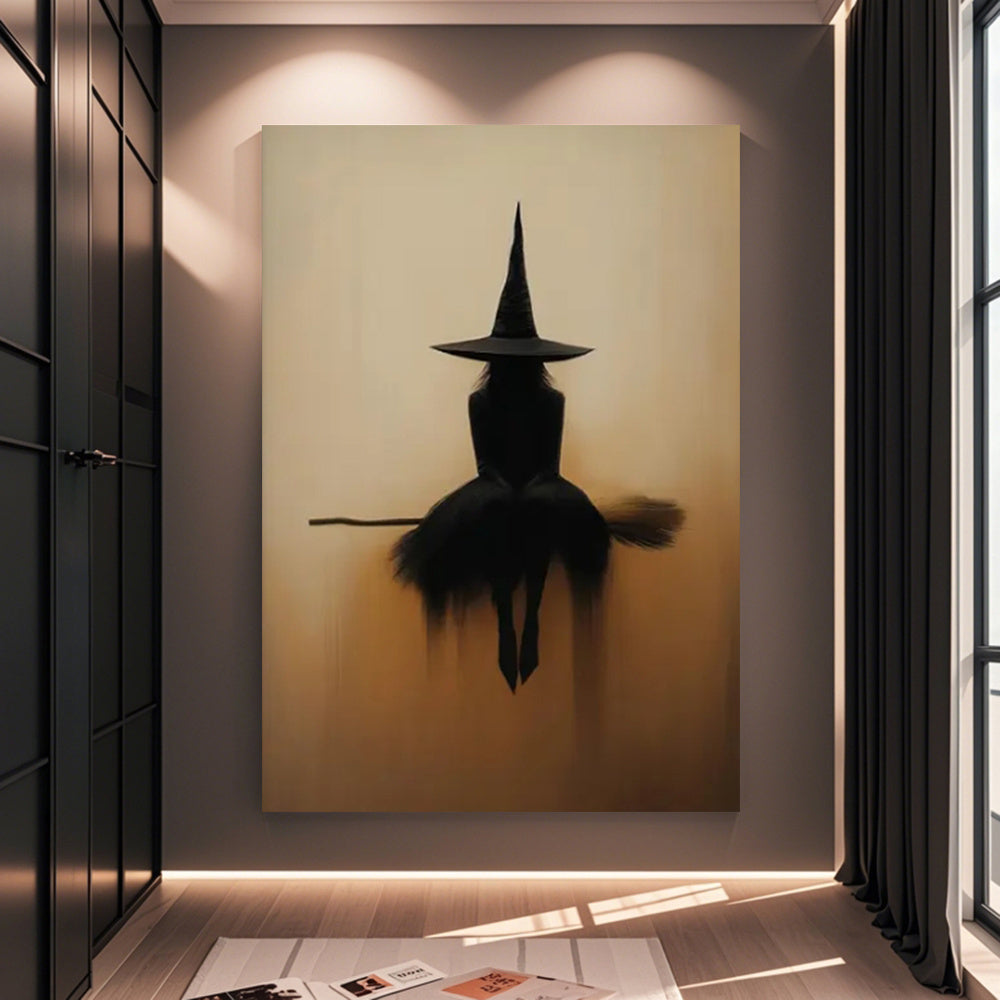 Witch Silhouette Framed Canvas Wall Art – Minimalist Gothic Beige & Black Broomstick Print, Spooky Halloween Decor for Living Room & Bedroom, Multiple Sizes Available