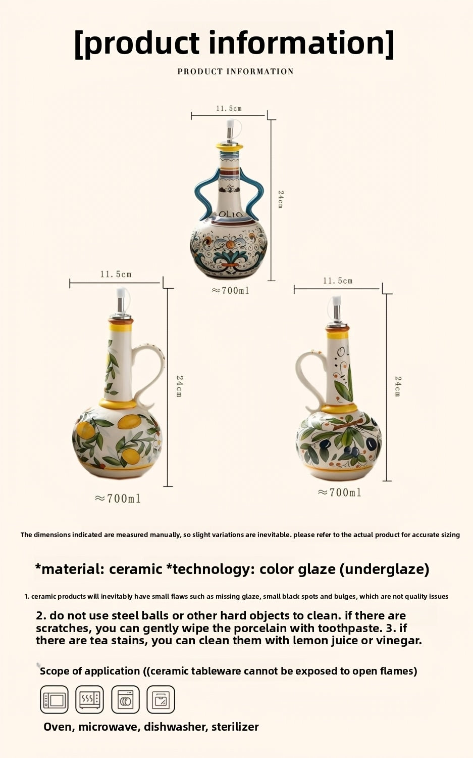 Hand-Painted Ceramic Oil & Vinegar Dispenser Set, Anti-Drip Leak-Proof Underglaze Kitchen Condiment Bottles with Oil Spout & Foot Pad, Artisan Table Serveware, Great Housewarming Gift