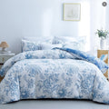 Soft Floral Comforter Set 3-Piece Easy Care – Lightweight Breathable All-Season Quilt with Pillowcases, Light Blue, White & Beige, Bed in a Bag Twin Queen King