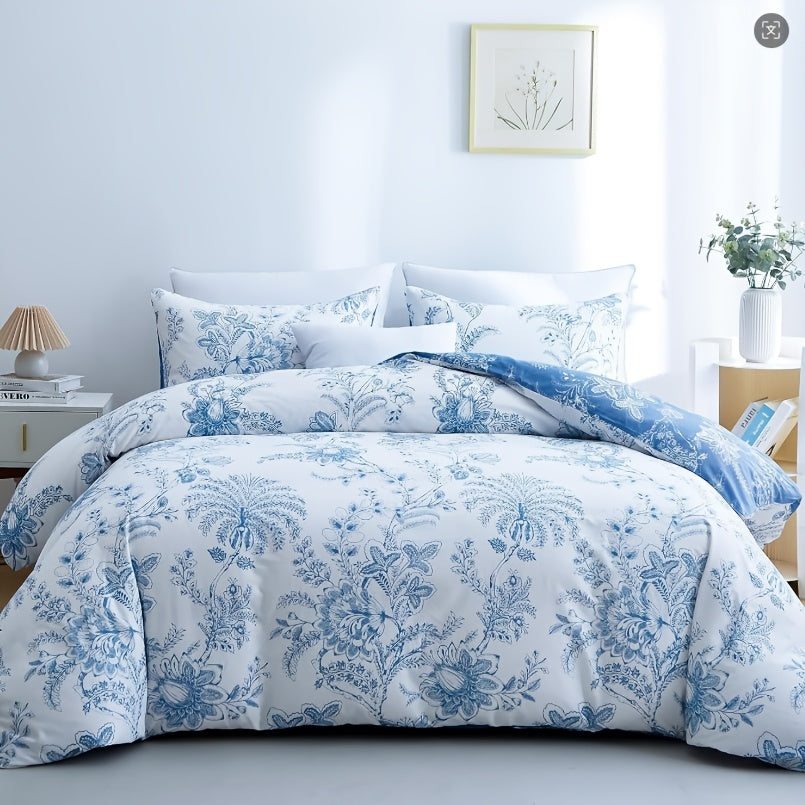 Soft Floral Comforter Set 3-Piece Easy Care – Lightweight Breathable All-Season Quilt with Pillowcases, Light Blue, White & Beige, Bed in a Bag Twin Queen King
