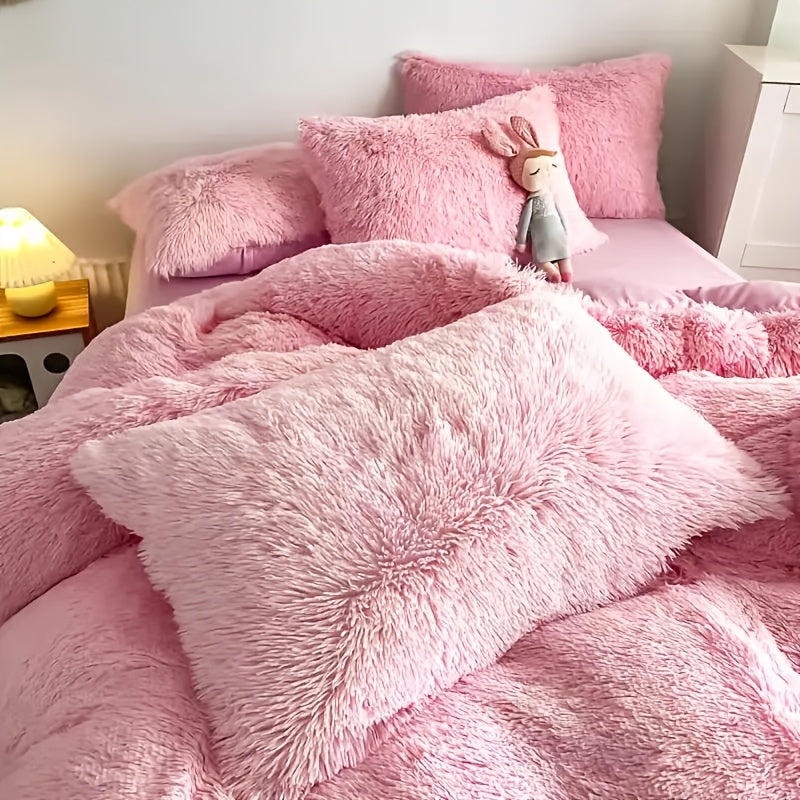 Plush Faux Fur Duvet Cover Set for Kids & Teens, 3/4 Pcs with Pillowcases & Heart Pillow, Super Soft Warm Faux Fur Comforter Cover, Machine Washable Lodge Style Bedding, Twin Queen King