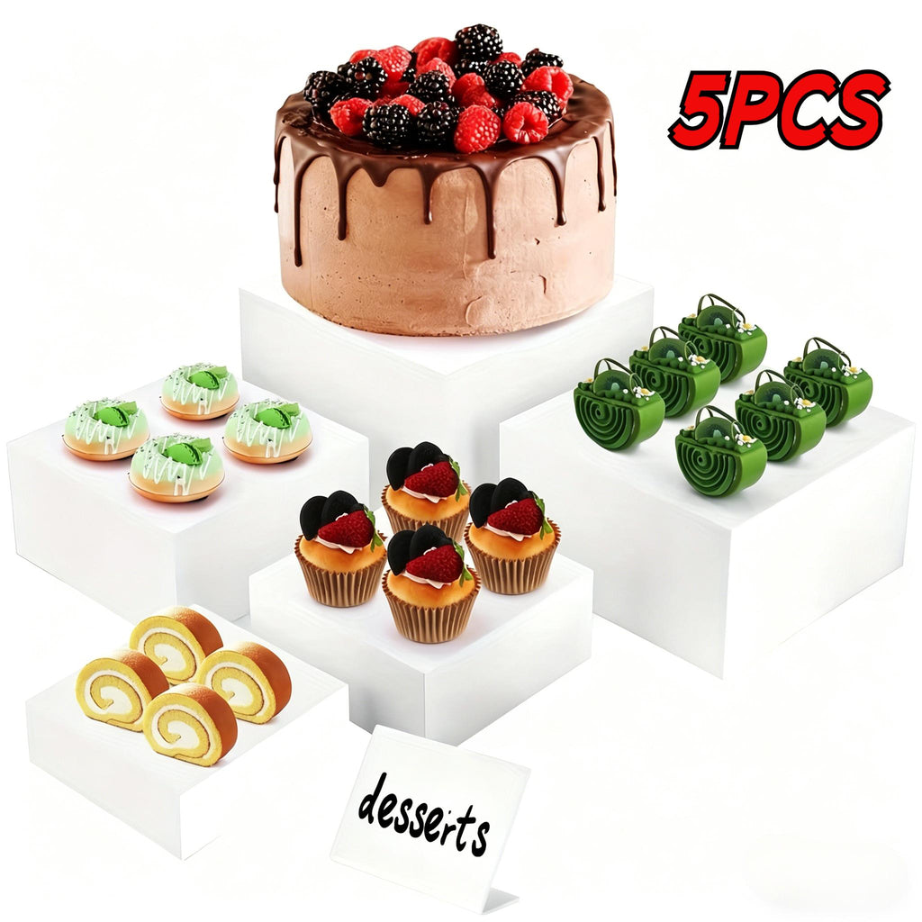 Acrylic Display Risers Set 5 Pieces – White Square Buffet Stands for Dessert Table, Party Food Display & Cupcake Tower