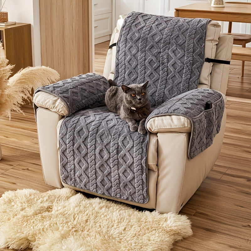 Thickened Shu Velvet Fleece Non-Slip Recliner Cover Plush Sofa Chair Cover – Warm Cozy Furniture Protector for Living Room Office Home, All-Season Recliner Slipcover