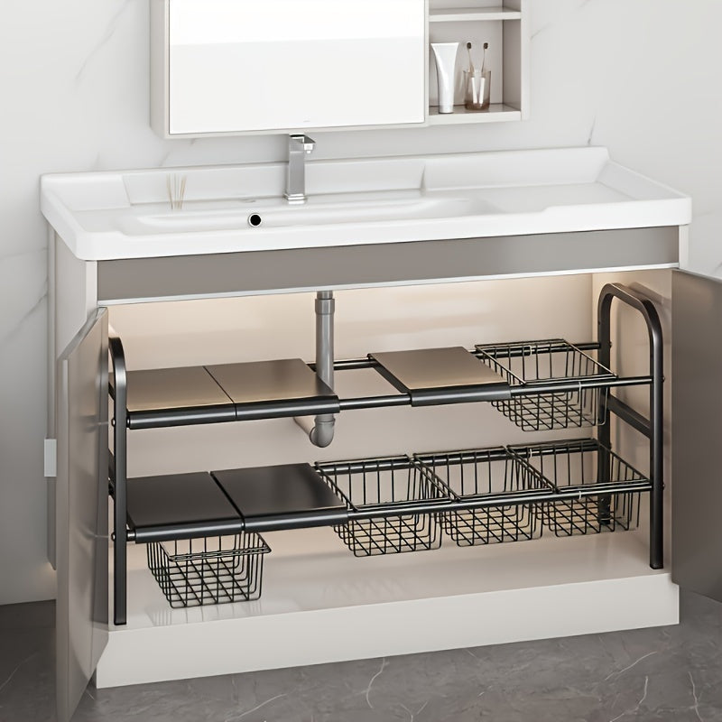 Under Sink Organizer 2 Tier Expandable Cabinet Shelf with 5 Removable Panels 5 Baskets Adjustable Kitchen Bathroom Under Sink Storage Rack Black Space-Saving Cabinet Organizer
