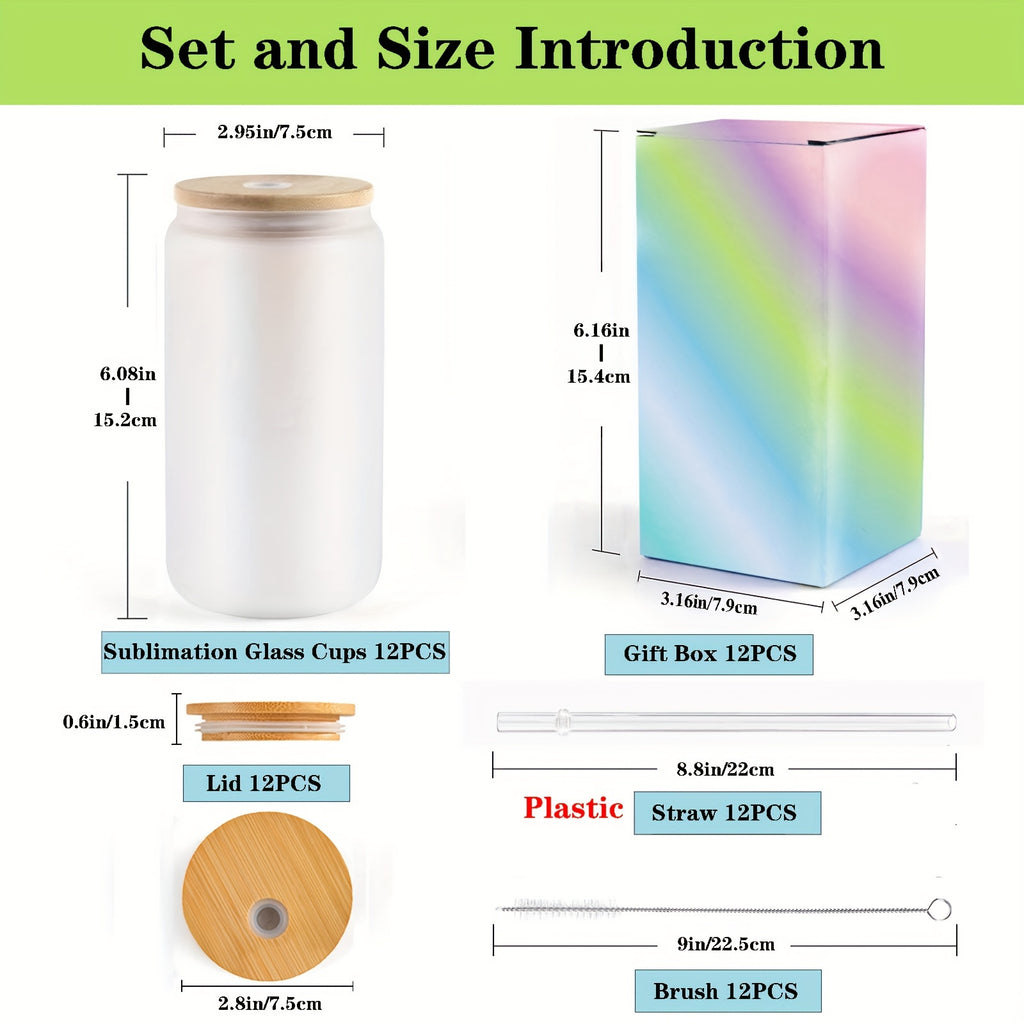 Sublimation Glass Tumbler Bulk Set 12 Pack with Bamboo Lid Straw & Brush – 16oz Clear or Frosted Cups for DIY Crafts, Parties & Everyday Drinking