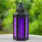 Moroccan Candle Lantern Holder Medium 10.5 Inch – Handcrafted Glass Iron Metal Lantern with Embossed Floral Panels, 17 Colors, Indoor Outdoor Use for Ramadan, Wedding, Patio, Diwali & Home Decor