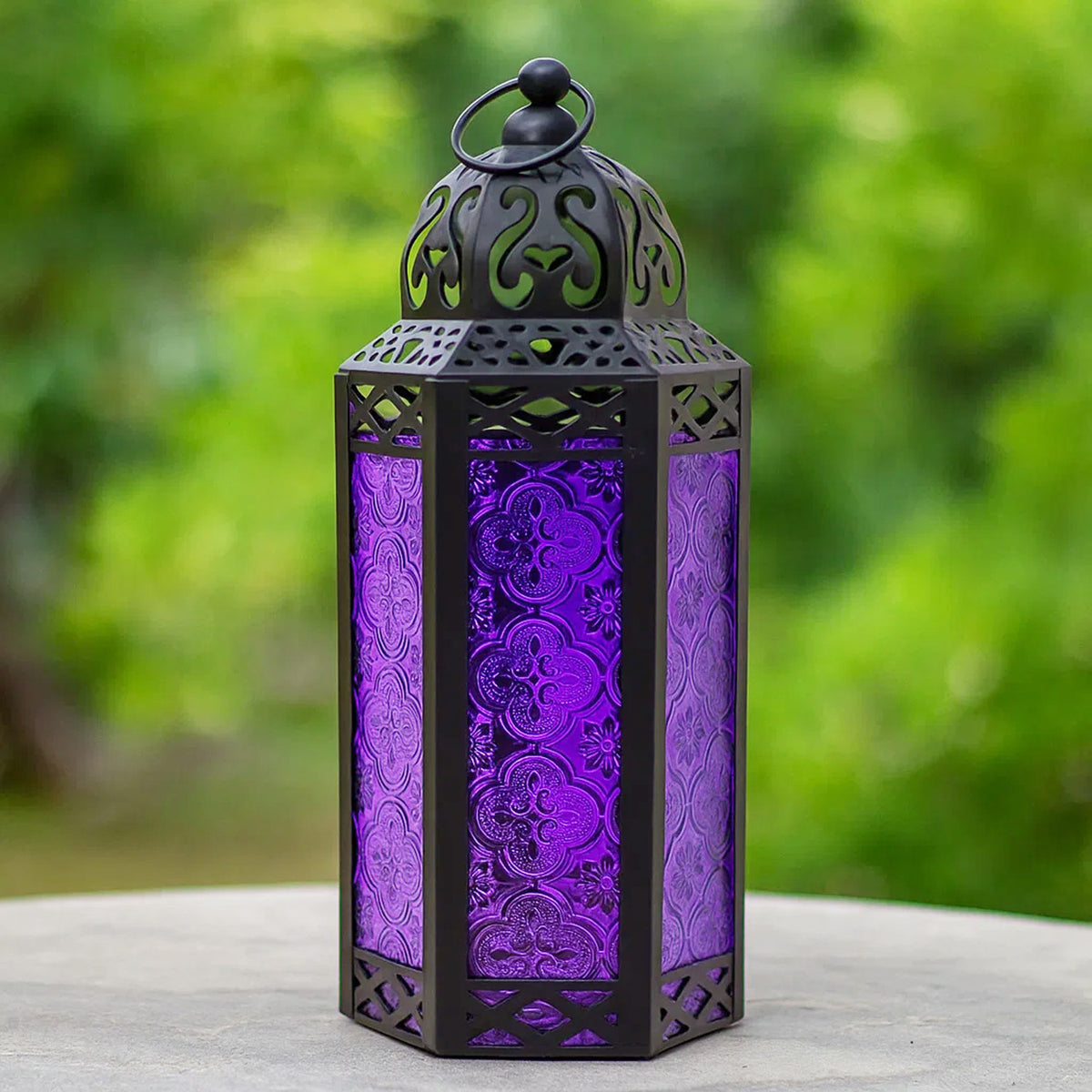 Moroccan Candle Lantern Holder Medium 10.5 Inch – Handcrafted Glass Iron Metal Lantern with Embossed Floral Panels, 17 Colors, Indoor Outdoor Use for Ramadan, Wedding, Patio, Diwali & Home Decor