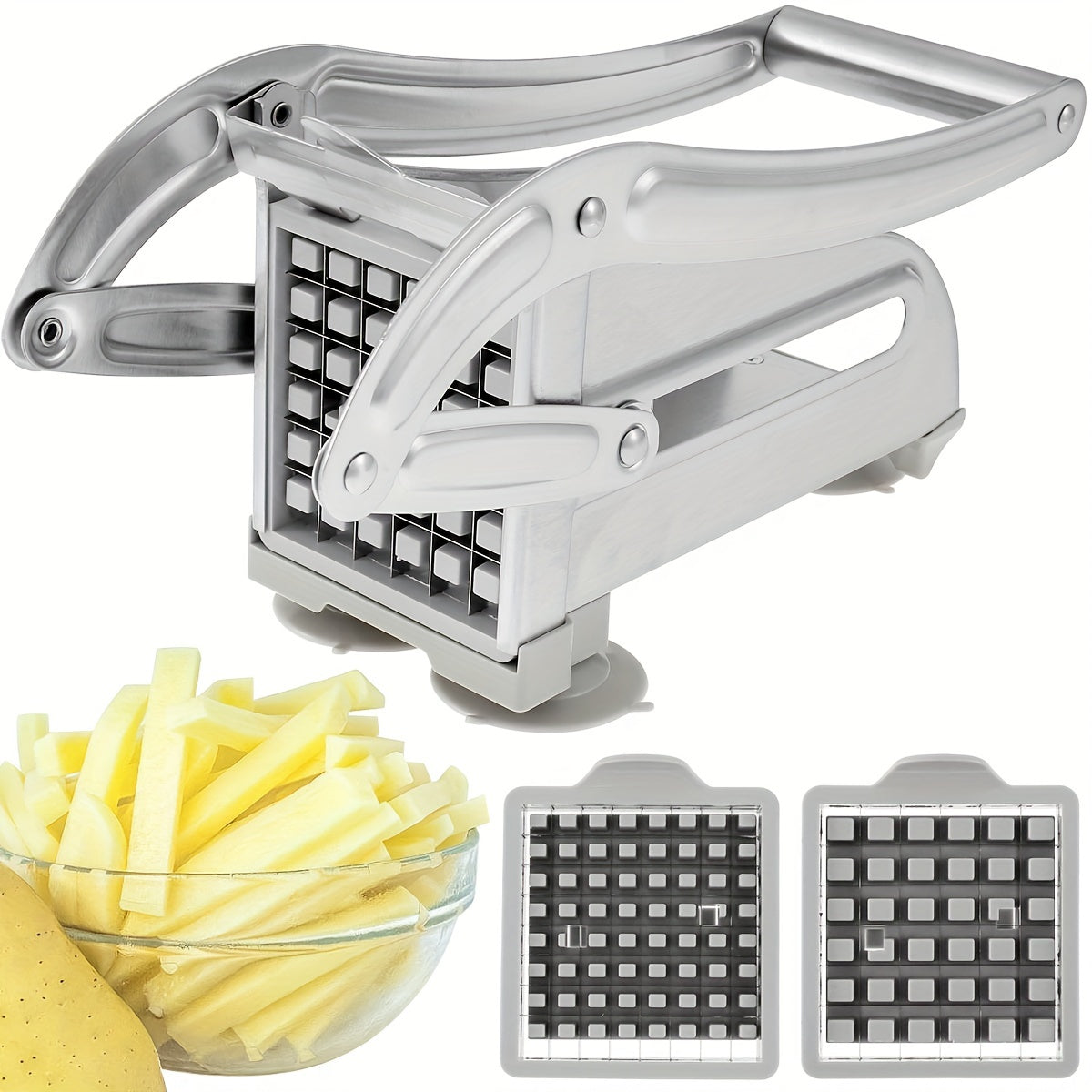 French Fry Cutter with 36 & 64 Hole Blades - Stainless Steel Potato Chipper Manual Slicer Dicer for Homemade Fries, Chips & Vegetables