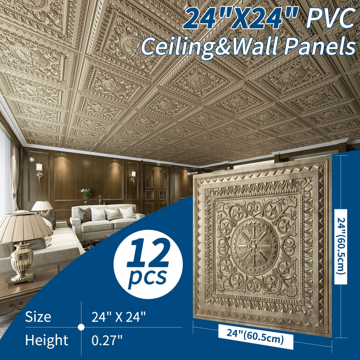 PVC Decorative Ceiling Tiles 24x24 Inch 12-Pack – Vintage Gold Luxury Floral Design, Easy DIY Drop Ceiling or Glue-Up Install, Waterproof & Lightweight, Covers 48 Sq Ft