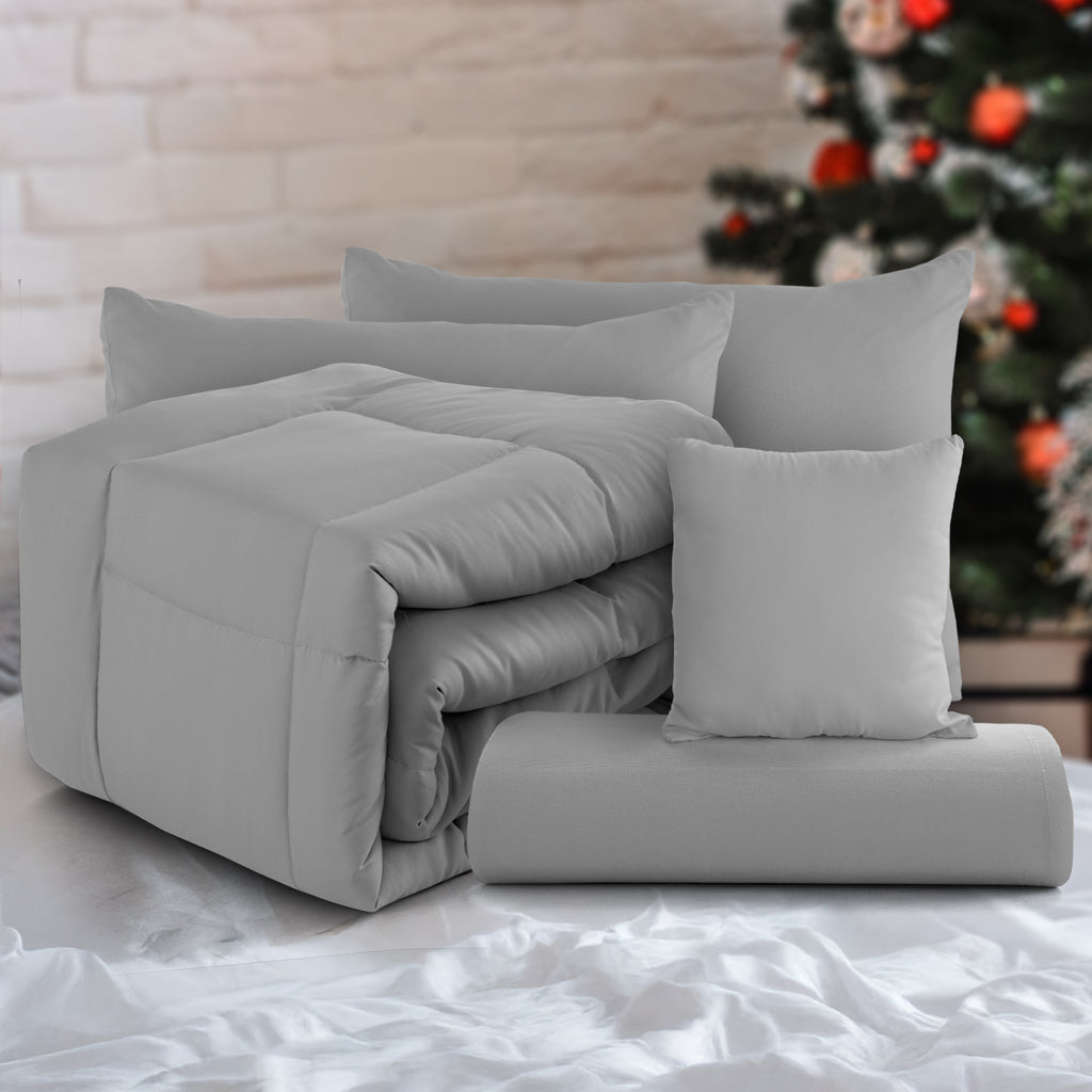 5-Piece Comforter Set – Reversible Quilted Down Alternative Bedding Set with Pillow Shams, Bed Skirt & Cushion | All Season | Twin, Queen, King