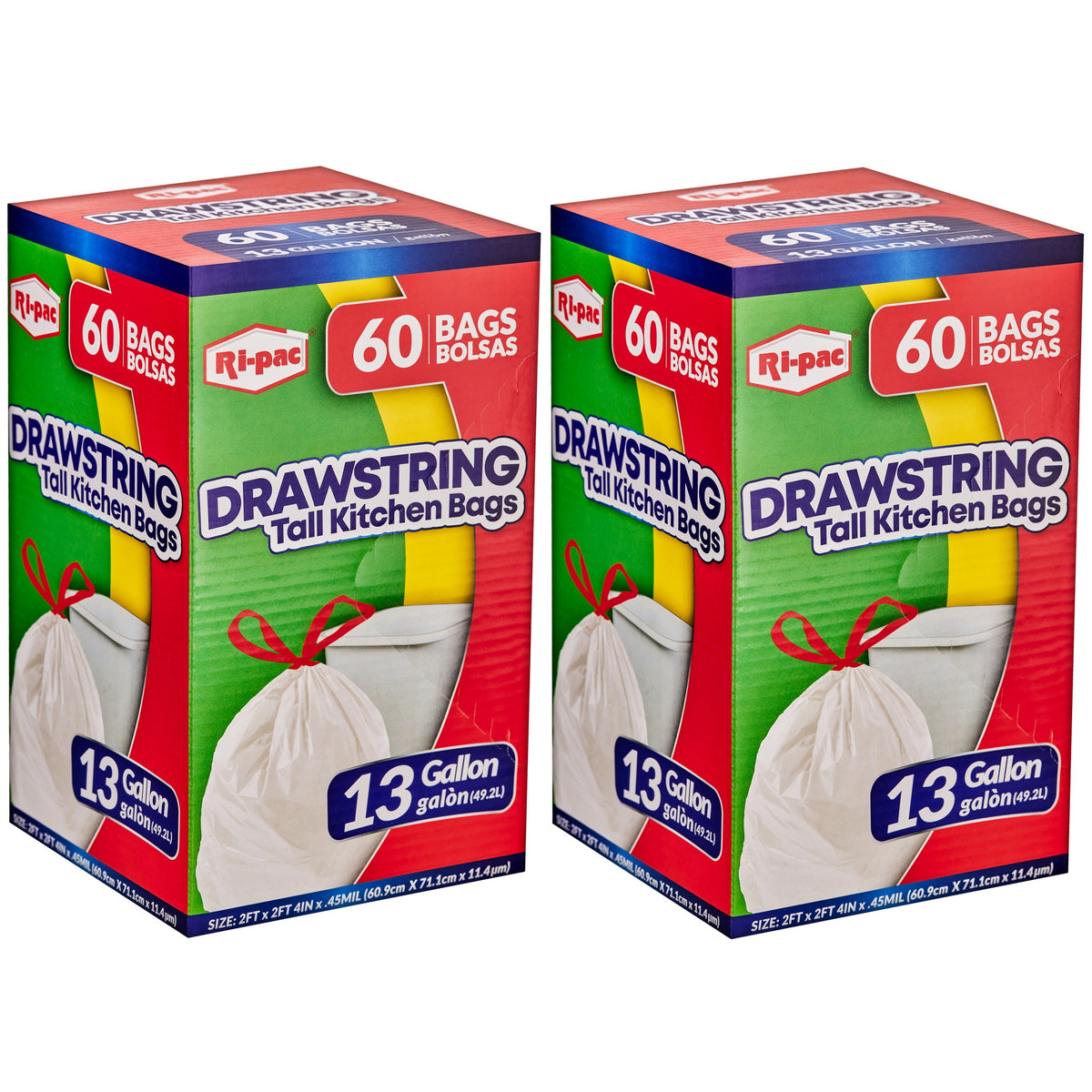 Drawstring Tall Kitchen Trash Bags 13 Gallon 120 Count (2 Boxes of 60), 2ft x 2ft 4in Sturdy 0.45mil Bags for Standard Kitchen Trash Cans, Easy-Tie Drawstring Closure