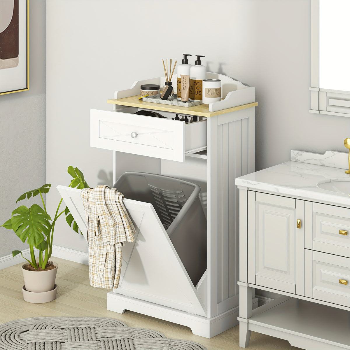 Tilt-Out Trash Can Cabinet 12 Gallon – Hidden Trash Cabinet with Drawers for Kitchen, Pantry & Laundry Room, Freestanding Kitchen Island Storage